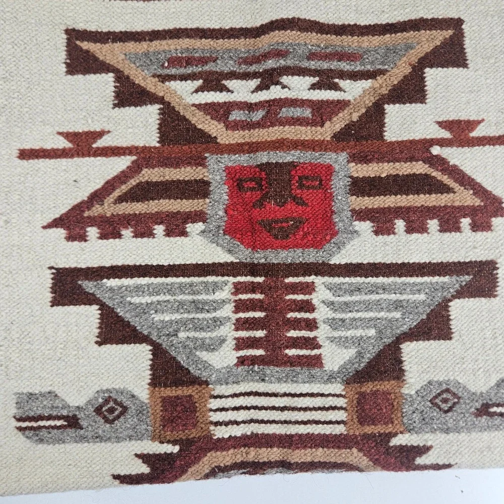 Vintage Andean Handwoven Wool Rug Inca Deity Wall Hanging Terracotta Brown